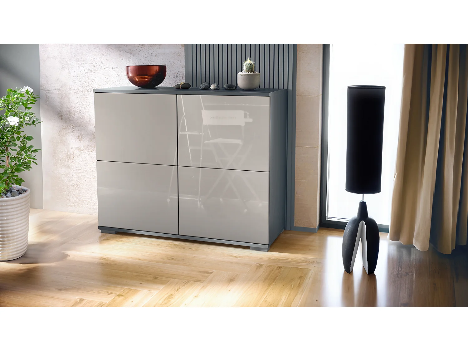 Credenza Rova V3 – Mobile da cucina moderno con 4 ante Push-to-Open antracite opaco  / grigio sabbia lucido (92,5 x 75.5 x 35)