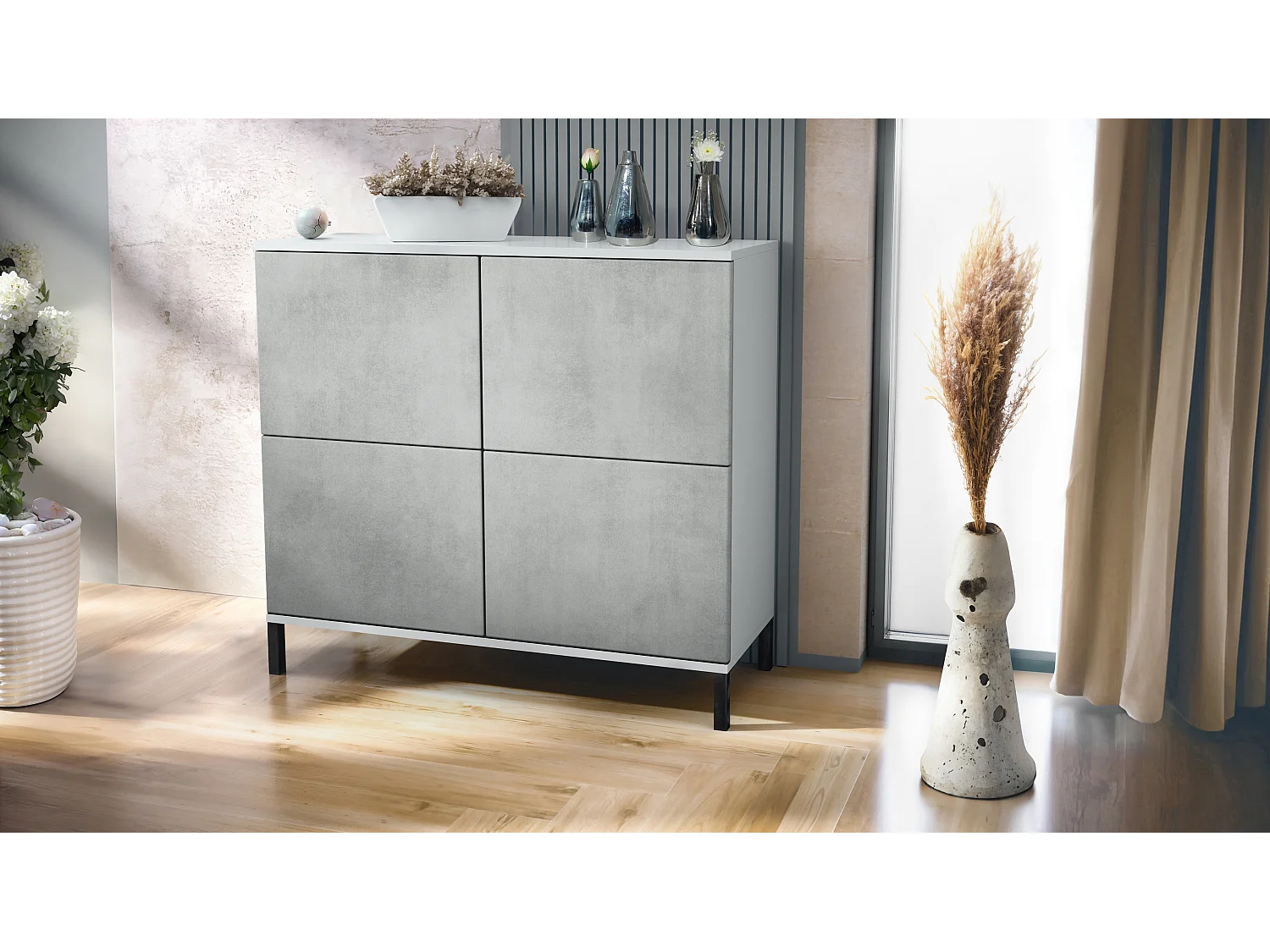Credenza Rova V3 – Mobile da cucina moderno con 4 ante Push-to-Open bianco opaco / ottica cermento ossido (92,5 x 83.5 x 35)
