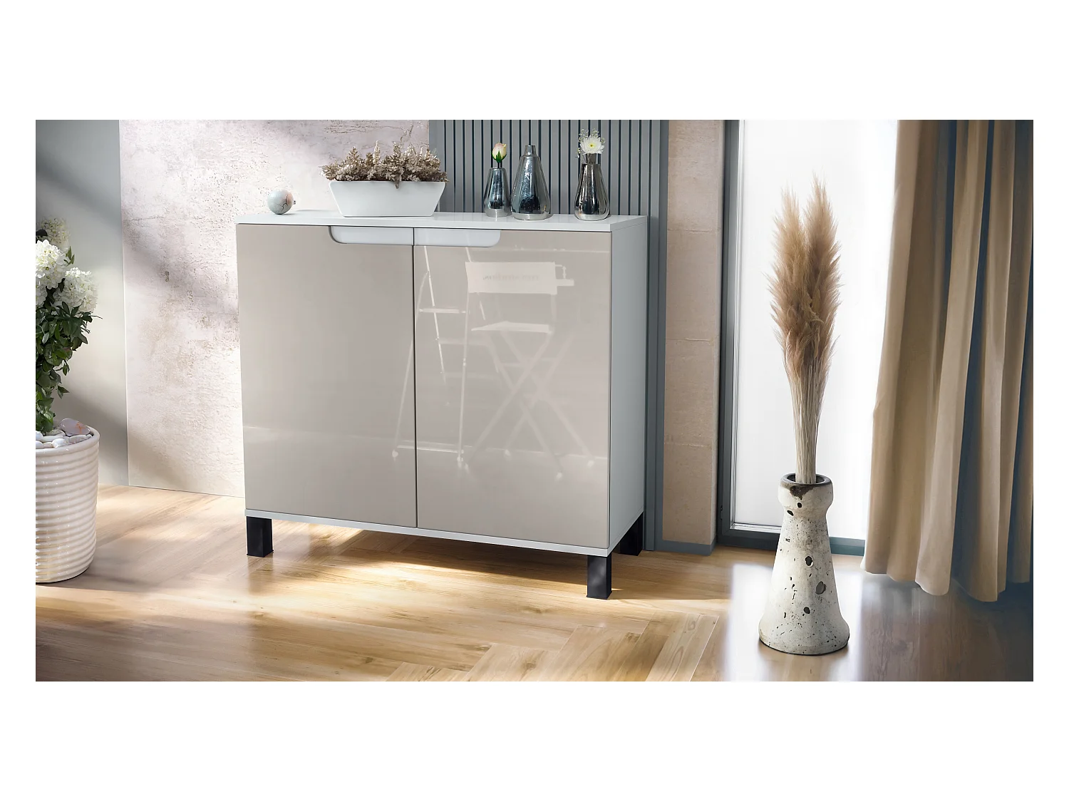 Commode Sylt V3, Buffet de Cuisine Moderne avec 2 Grandes Portes blanc mat / gris sable haute brillance (92,5 x 84.5 x 35)