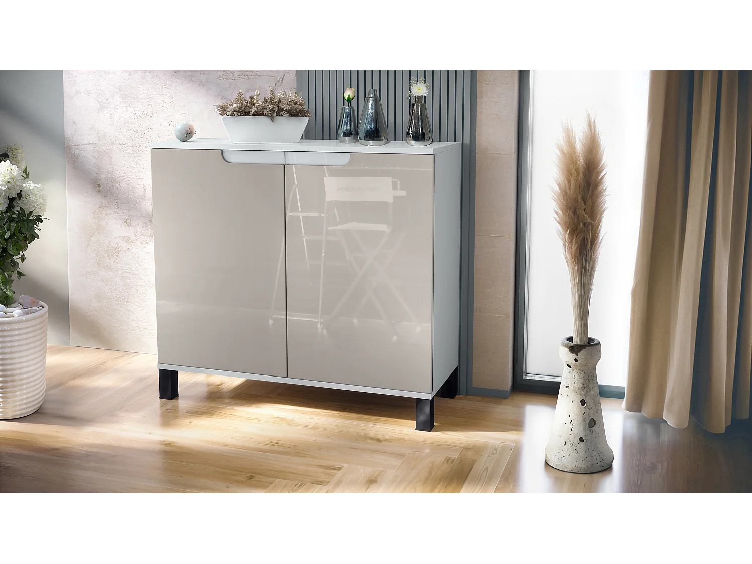 Credenza Sylt V3, Mobile da Cucina Moderno con 2 Grandi Ante bianco opaco / grigio sabbia lucido (92,5 x 84.5 x 35)