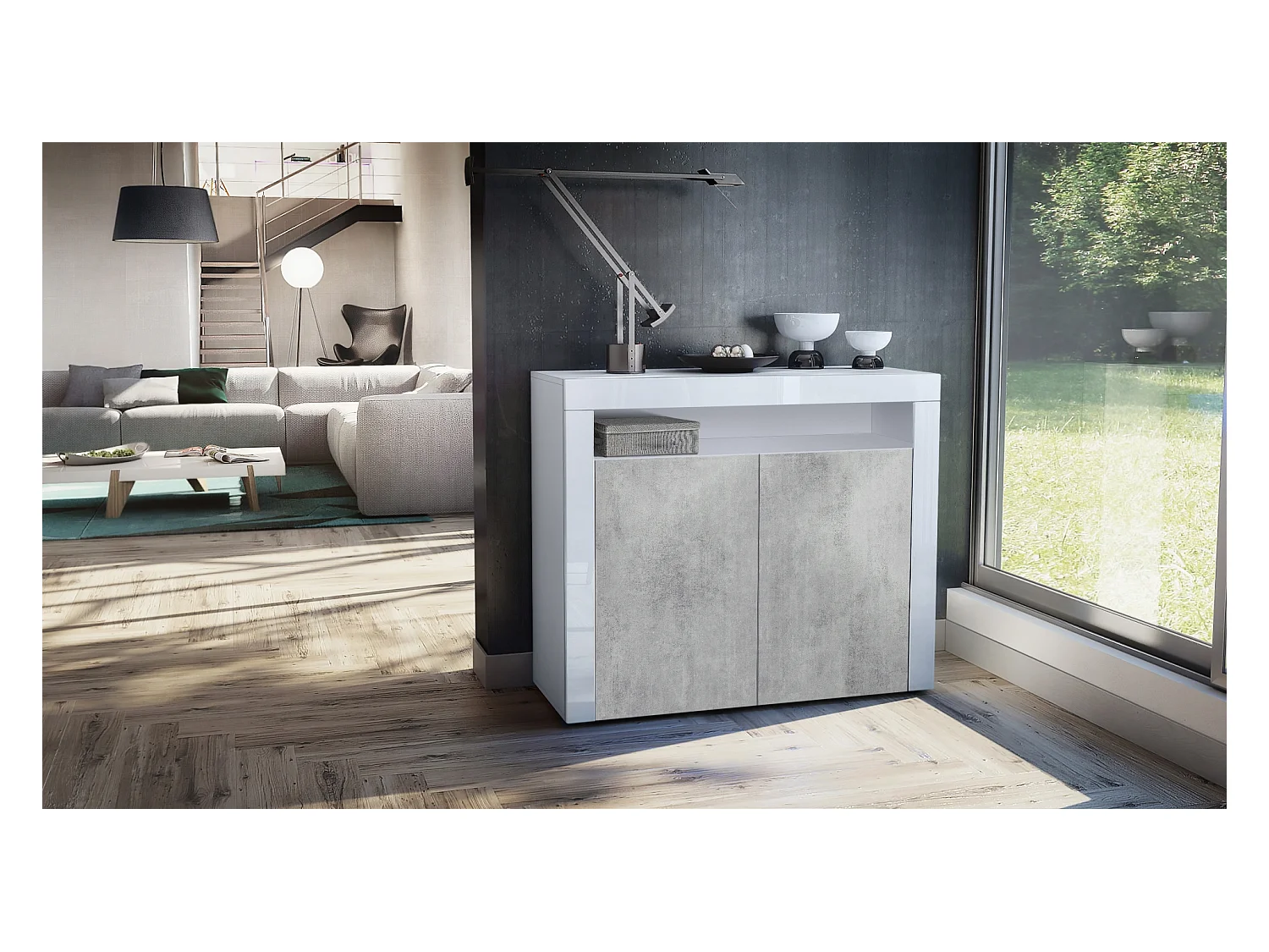 KOMMODE Valencia Beton Oxid Optik/ Weiß Hochglanz