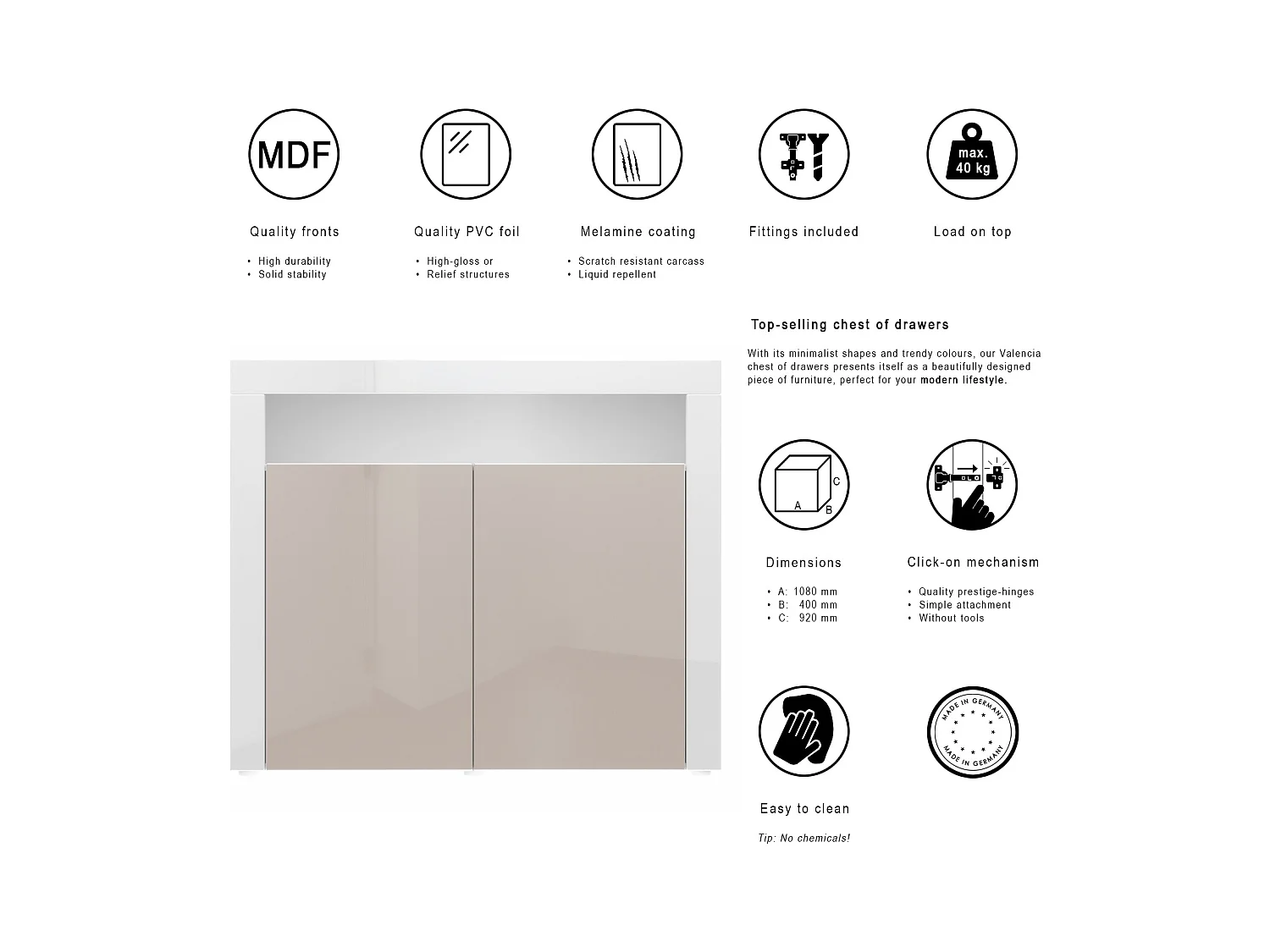 KOMMODE Valencia Beton Oxid Optik/ Weiß Hochglanz