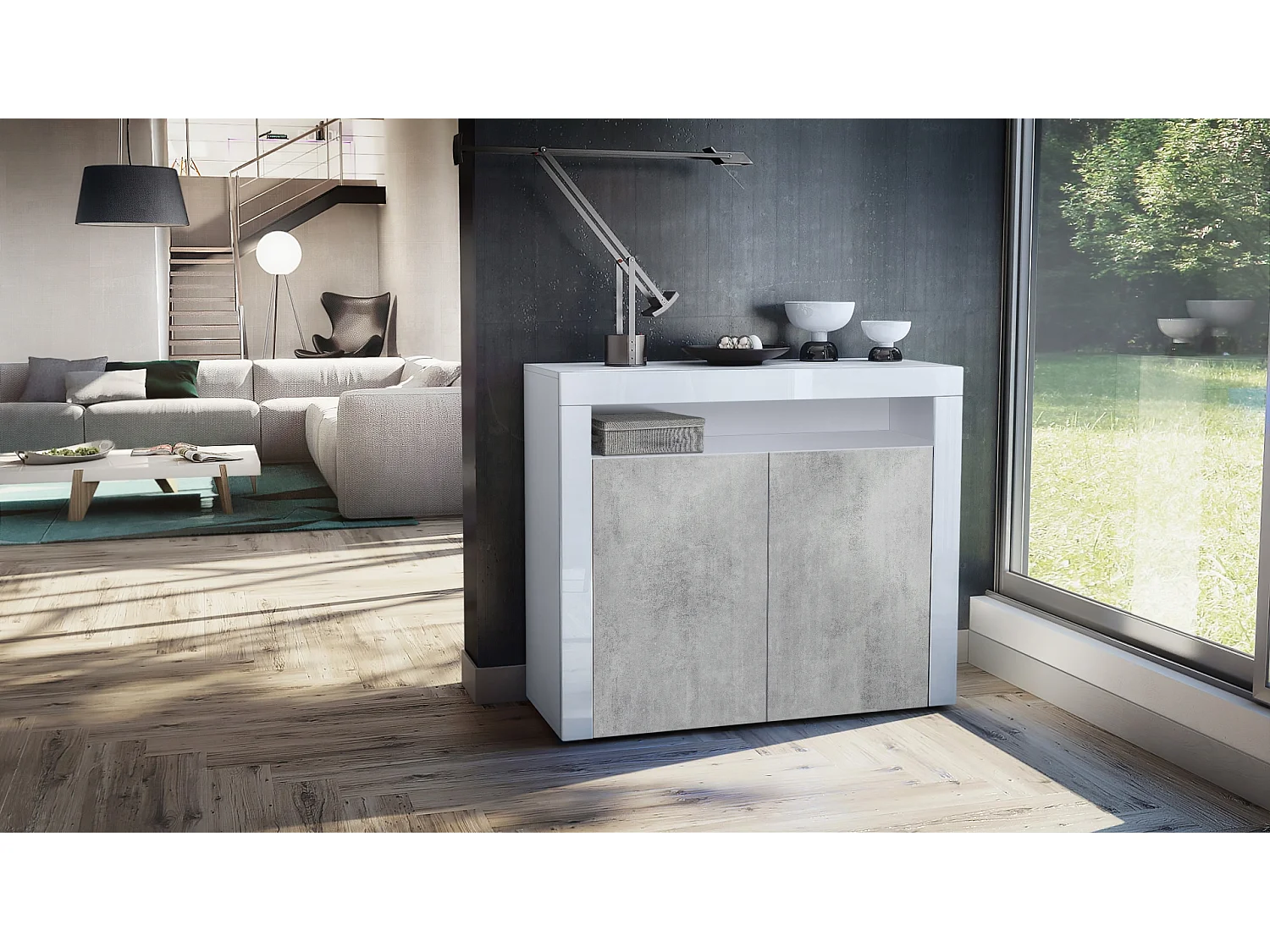 KOMMODE Valencia Beton Oxid Optik/ Weiß Hochglanz