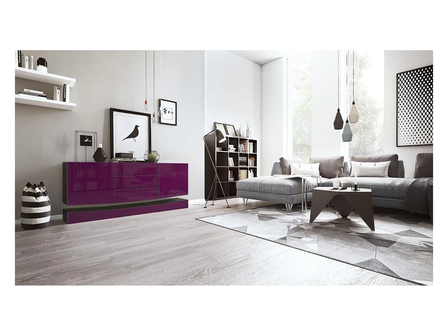 Sideboard City, noir mat/mûre haute brillance - Commode moderne pour votre salon (178 x 72 x 38 cm)