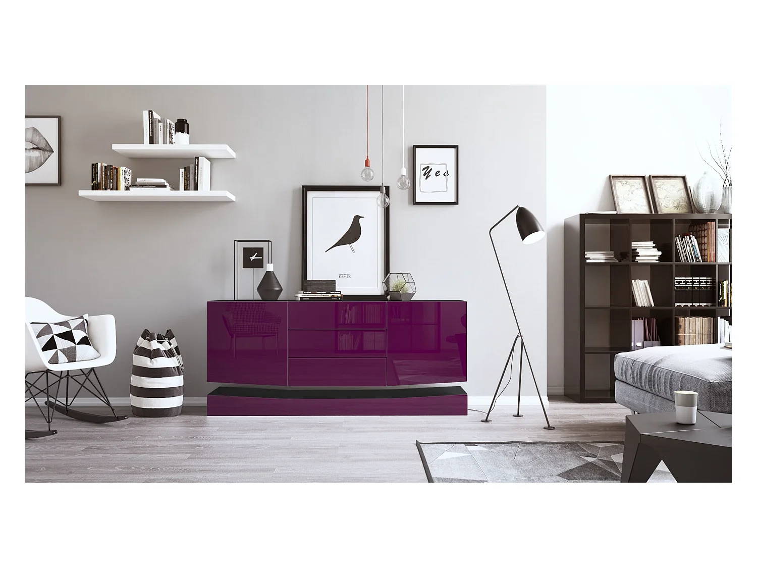Sideboard City, noir mat/mûre haute brillance - Commode moderne pour votre salon (178 x 72 x 38 cm)