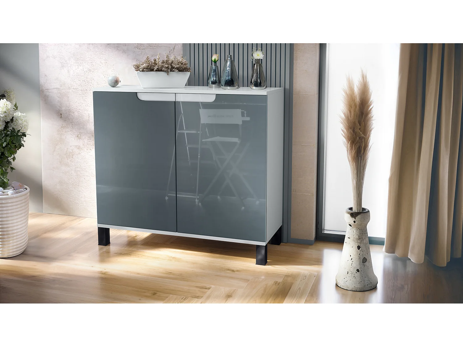 Credenza Sylt V3, Mobile da Cucina Moderno con 2 Grandi Ante bianco opaco / grigio lucido (92,5 x 84.5 x 35)