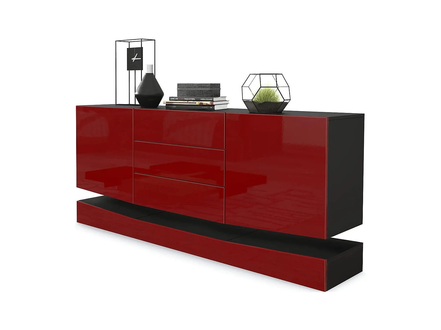 Sideboard City, noir mat/bordeaux haute brillance - Commode moderne pour votre salon (178 x 72 x 38 cm)