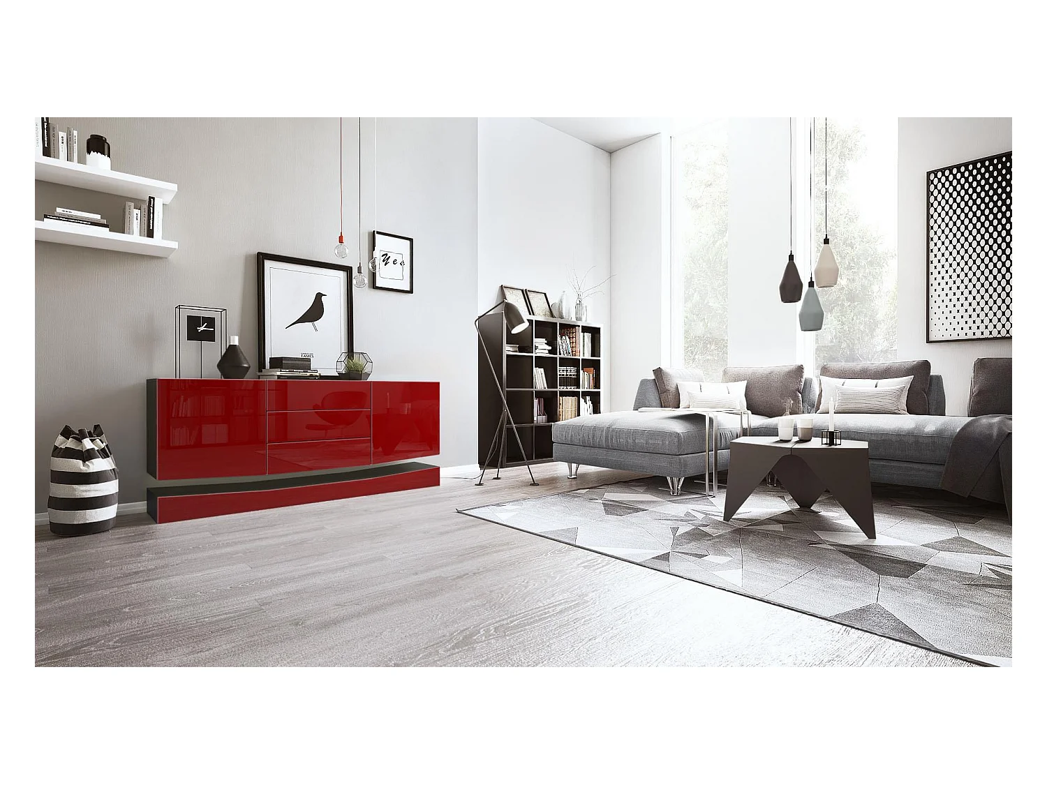 Sideboard City, noir mat/bordeaux haute brillance - Commode moderne pour votre salon (178 x 72 x 38 cm)