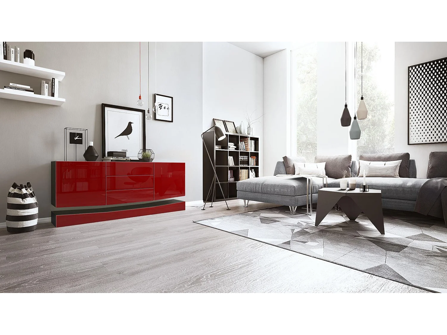 Vladon Sideboard City, nero opaco/bordeaux lucido - Cassettiera moderna per la zona giorno (178 x 72 x 38 cm)