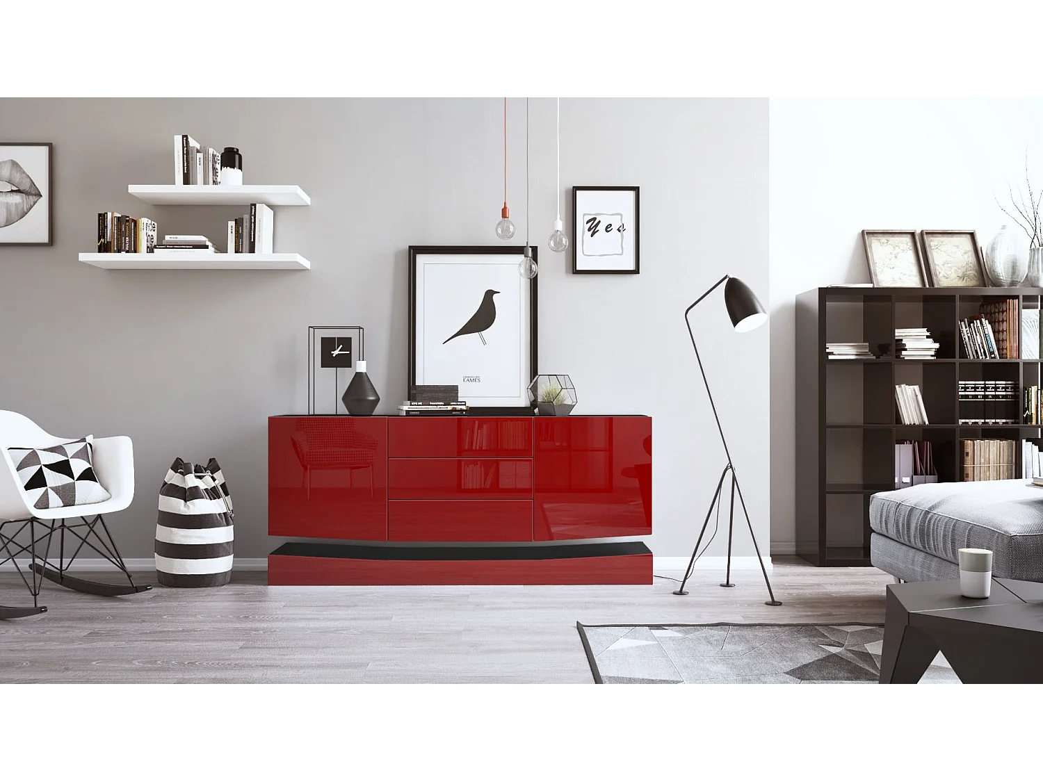 Vladon Sideboard City, nero opaco/bordeaux lucido - Cassettiera moderna per la zona giorno (178 x 72 x 38 cm)