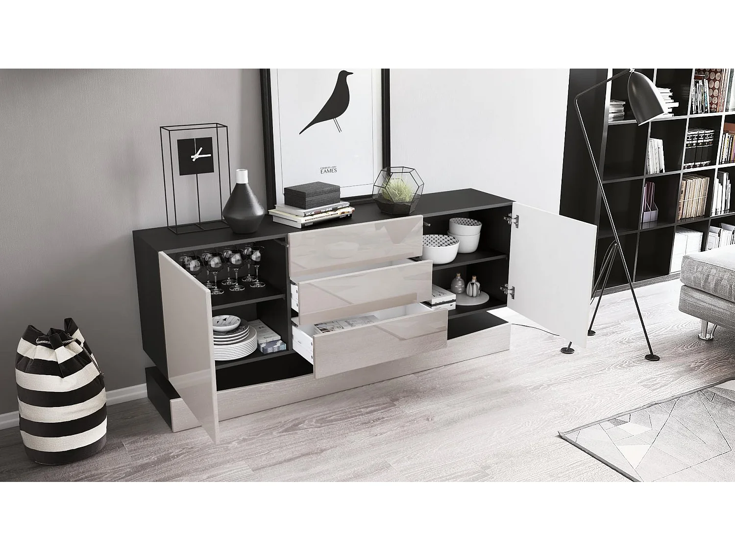 Vladon Sideboard City, nero opaco/bordeaux lucido - Cassettiera moderna per la zona giorno (178 x 72 x 38 cm)