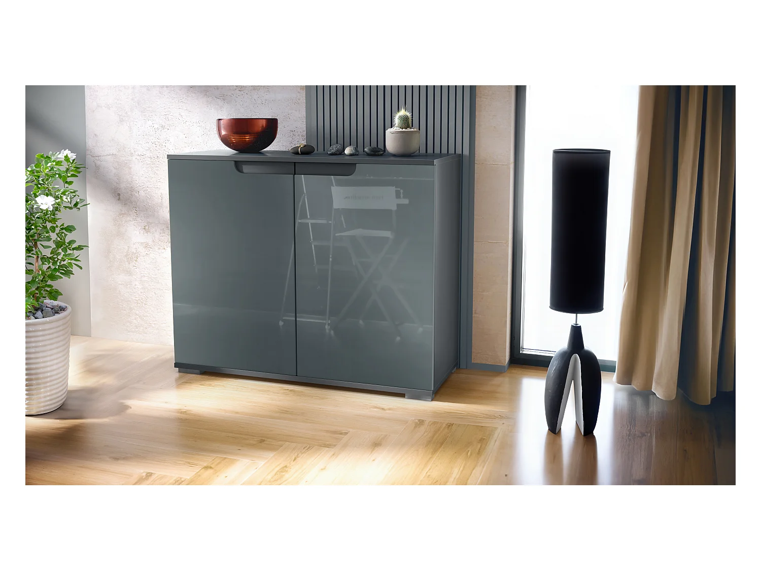 Commode Sylt V3, Buffet de Cuisine Moderne avec 2 Grandes Portes anthracite mat / gris haute brillance (92,5 x 75.5 x 35)