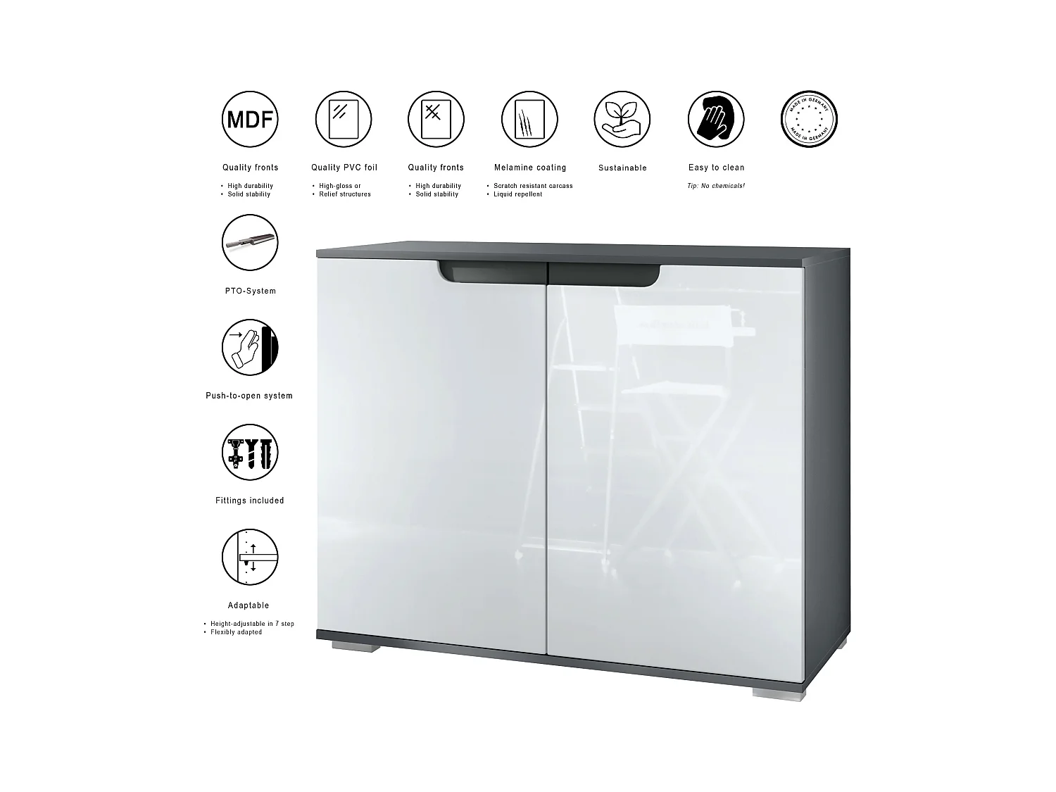 Commode Sylt V3, Buffet de Cuisine Moderne avec 2 Grandes Portes anthracite mat / gris haute brillance (92,5 x 75.5 x 35)