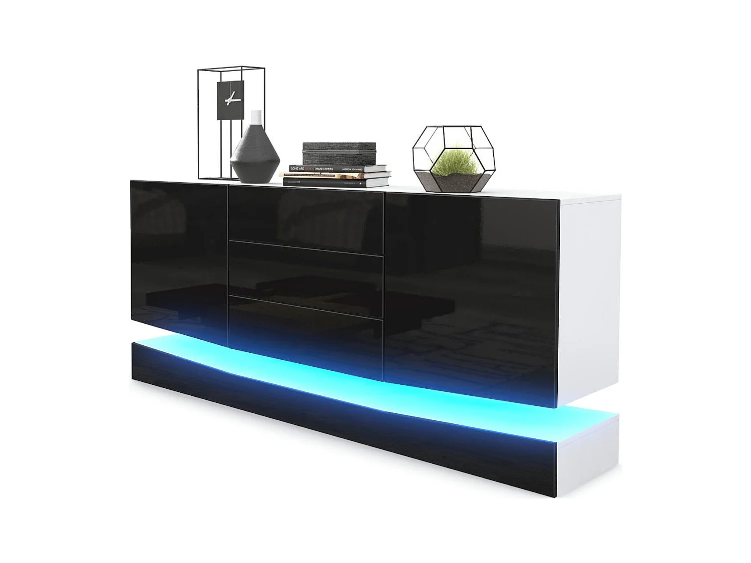 Sideboard City, blanc mat/noir haute brillance y compris LED - Commode moderne pour votre salon (178 x 72 x 38 cm)