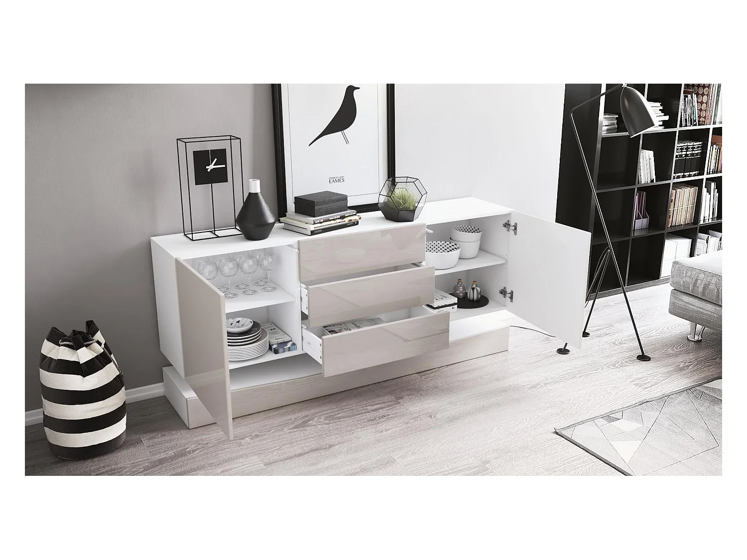 Sideboard City, blanc mat/noir haute brillance y compris LED - Commode moderne pour votre salon (178 x 72 x 38 cm)