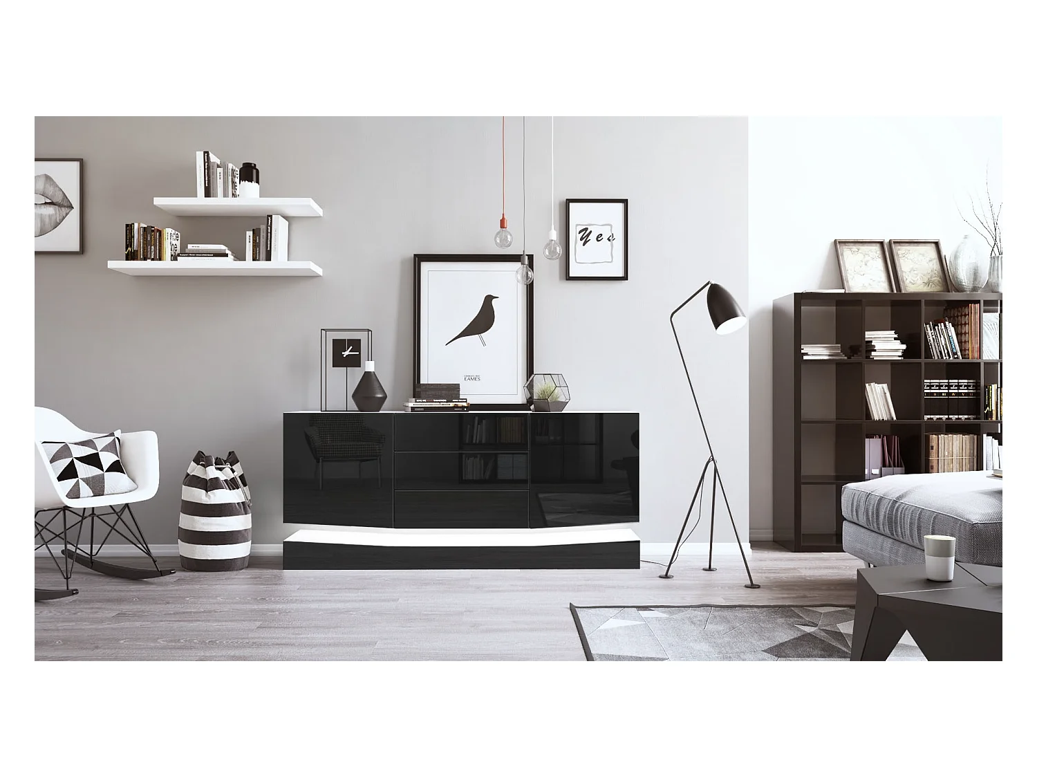 Sideboard City, blanc mat/noir haute brillance y compris LED - Commode moderne pour votre salon (178 x 72 x 38 cm)