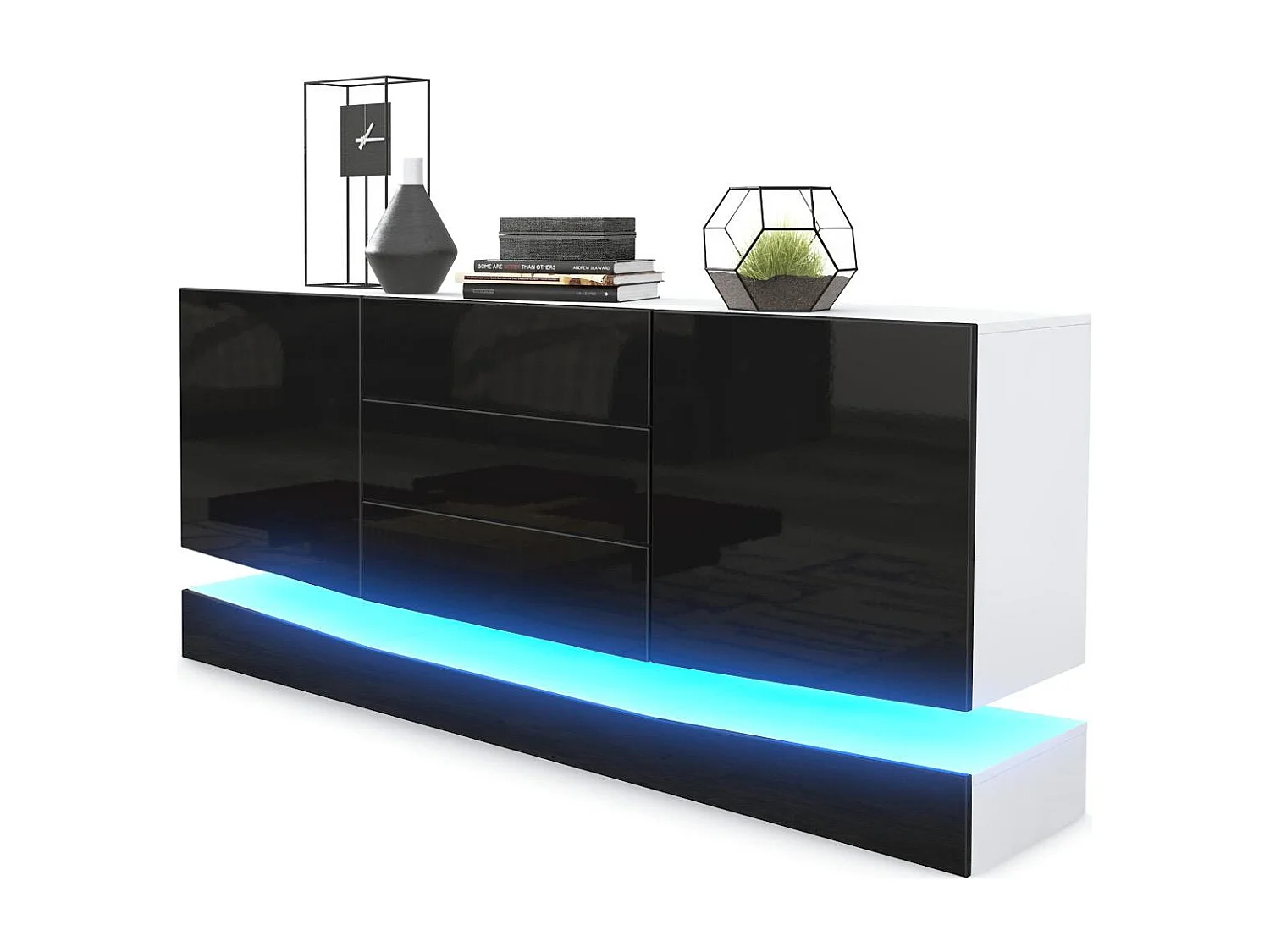 Vladon Sideboard City, bianco opaco/nero lucido incl. LED - Cassettiera moderna per la zona giorno (178 x 72 x 38 cm)