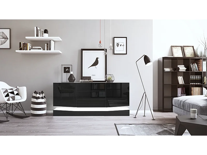 Sideboard City, blanc mat/noir haute brillance y compris LED - Commode moderne pour votre salon (178 x 72 x 38 cm)