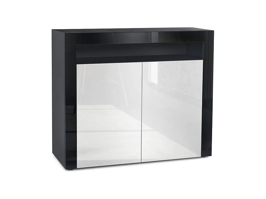 Buffet Valencia, Commode avec 2 portes et 1 compartiment ouvert, Noir mat/blanc haute brillance/noir haute brillance (108 x 92 x 40 cm)