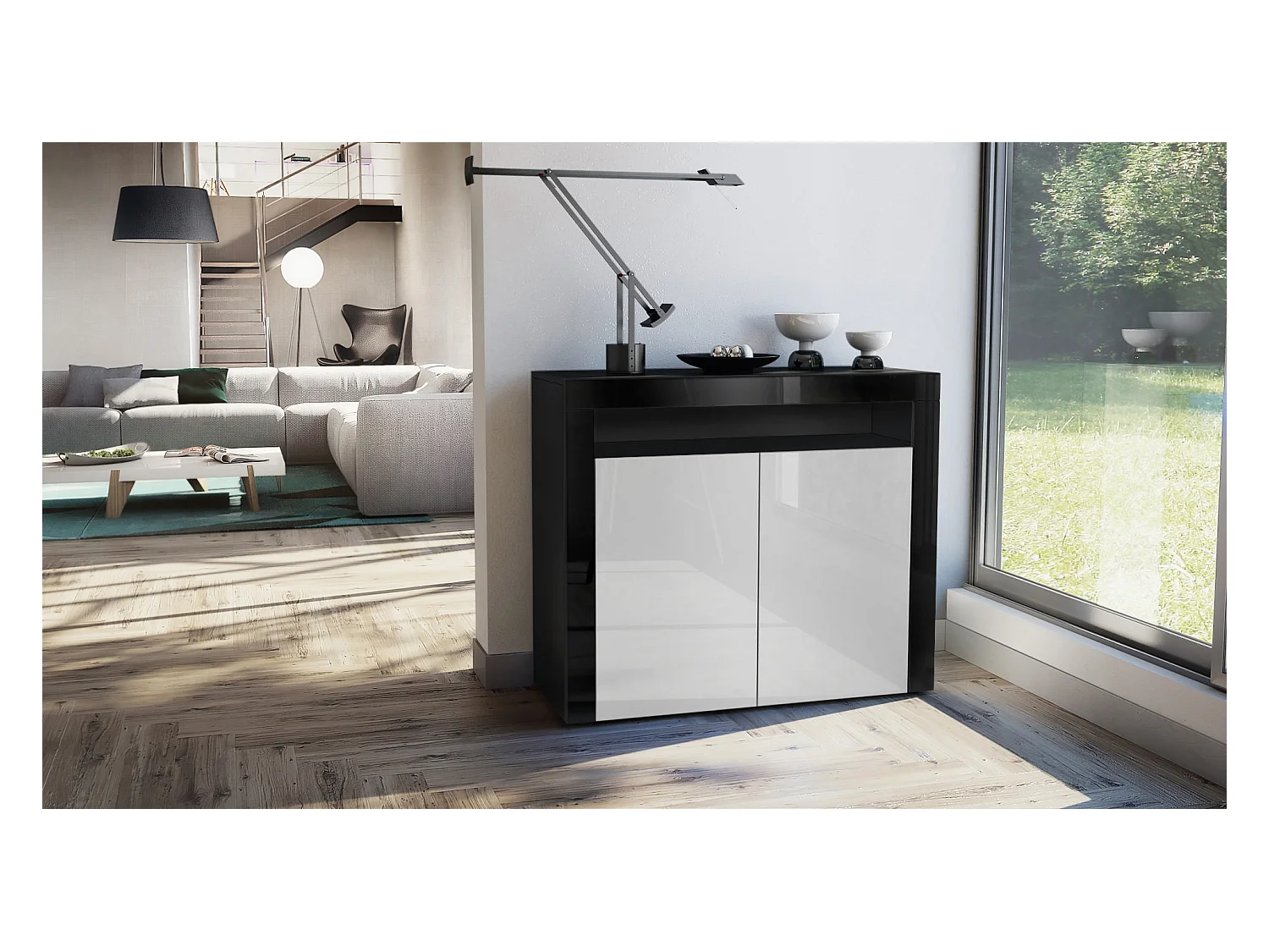 Buffet Valencia, Commode avec 2 portes et 1 compartiment ouvert, Noir mat/blanc haute brillance/noir haute brillance (108 x 92 x 40 cm)