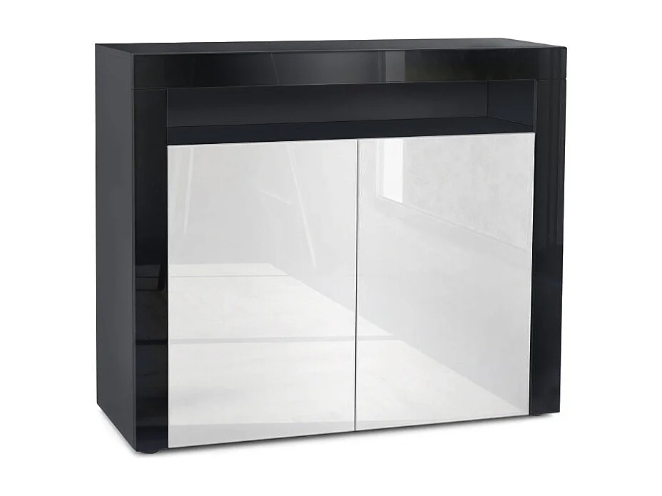 Buffet Valencia, Commode avec 2 portes et 1 compartiment ouvert, Noir mat/blanc haute brillance/noir haute brillance (108 x 92 x 40 cm)
