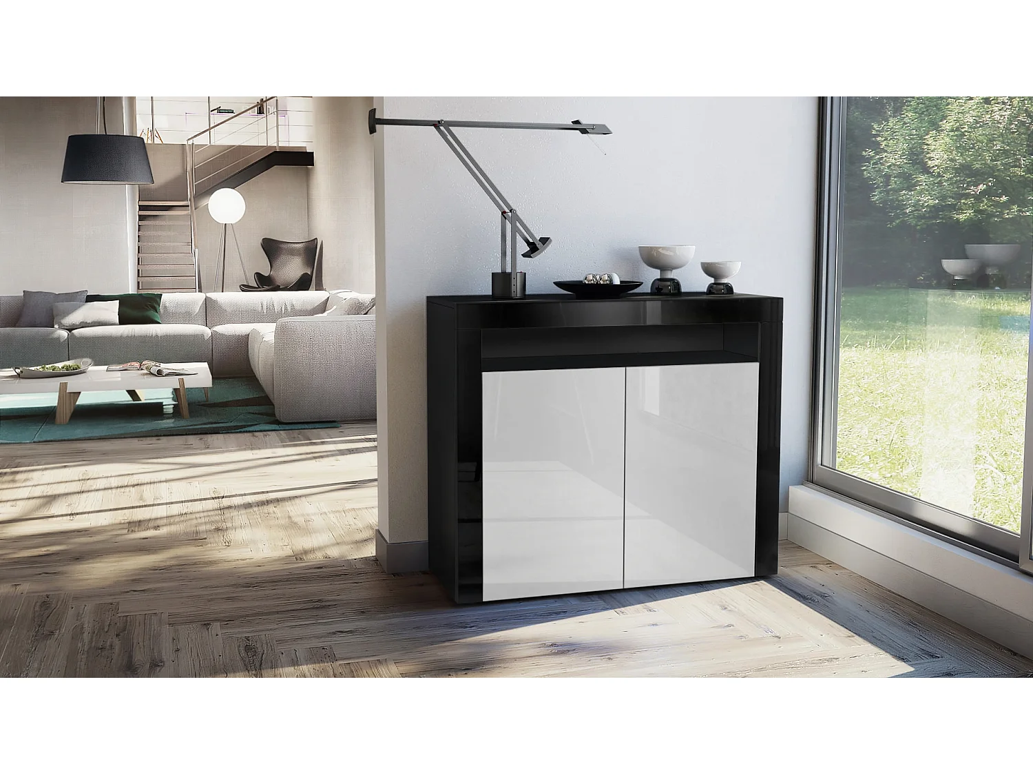 Buffet Valencia, Commode avec 2 portes et 1 compartiment ouvert, Noir mat/blanc haute brillance/noir haute brillance (108 x 92 x 40 cm)