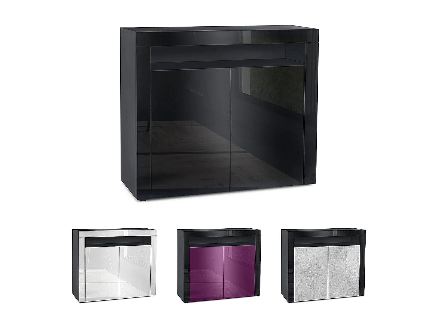 Buffet Valencia, Commode avec 2 portes et 1 compartiment ouvert, Noir mat/blanc haute brillance/noir haute brillance (108 x 92 x 40 cm)