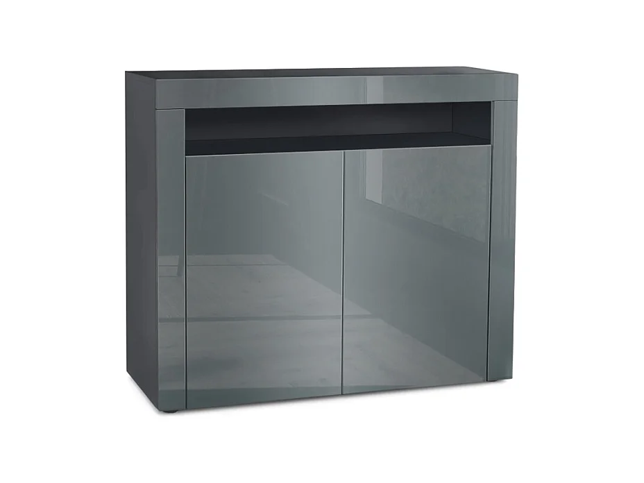 Buffet Valencia, Commode avec 2 portes et 1 compartiment ouvert, Noir mat/gris haute brillance/gris haute brillance (108 x 92 x 40 cm)