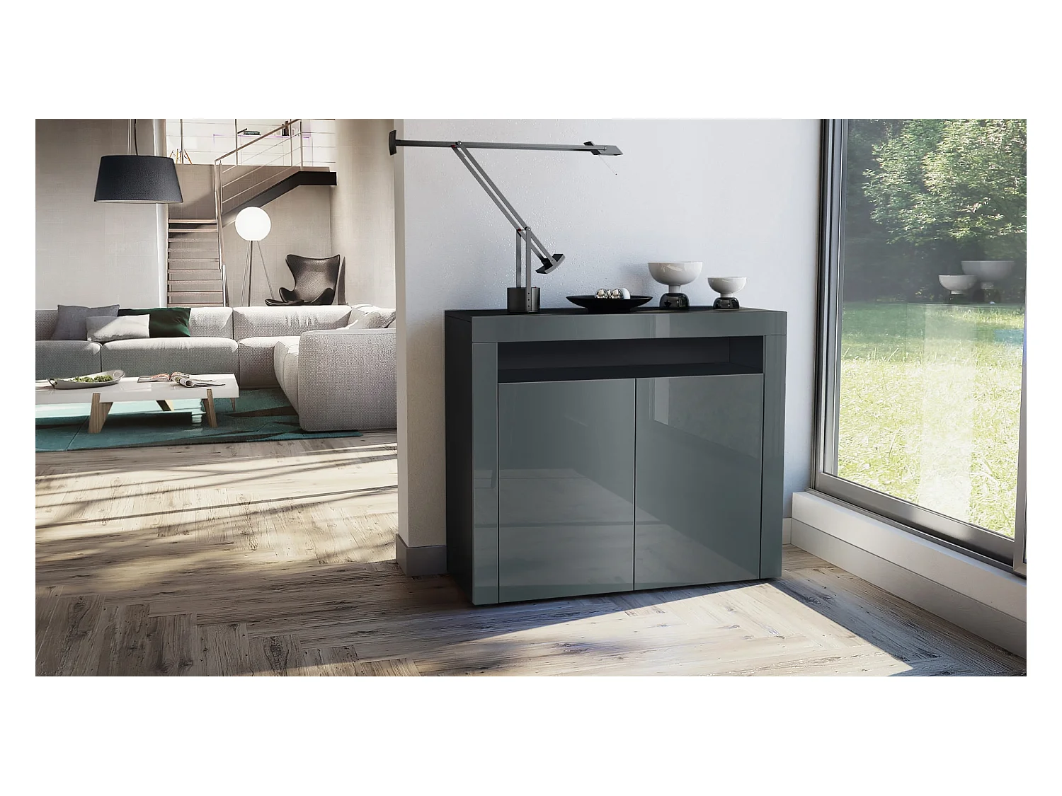 Buffet Valencia, Commode avec 2 portes et 1 compartiment ouvert, Noir mat/gris haute brillance/gris haute brillance (108 x 92 x 40 cm)