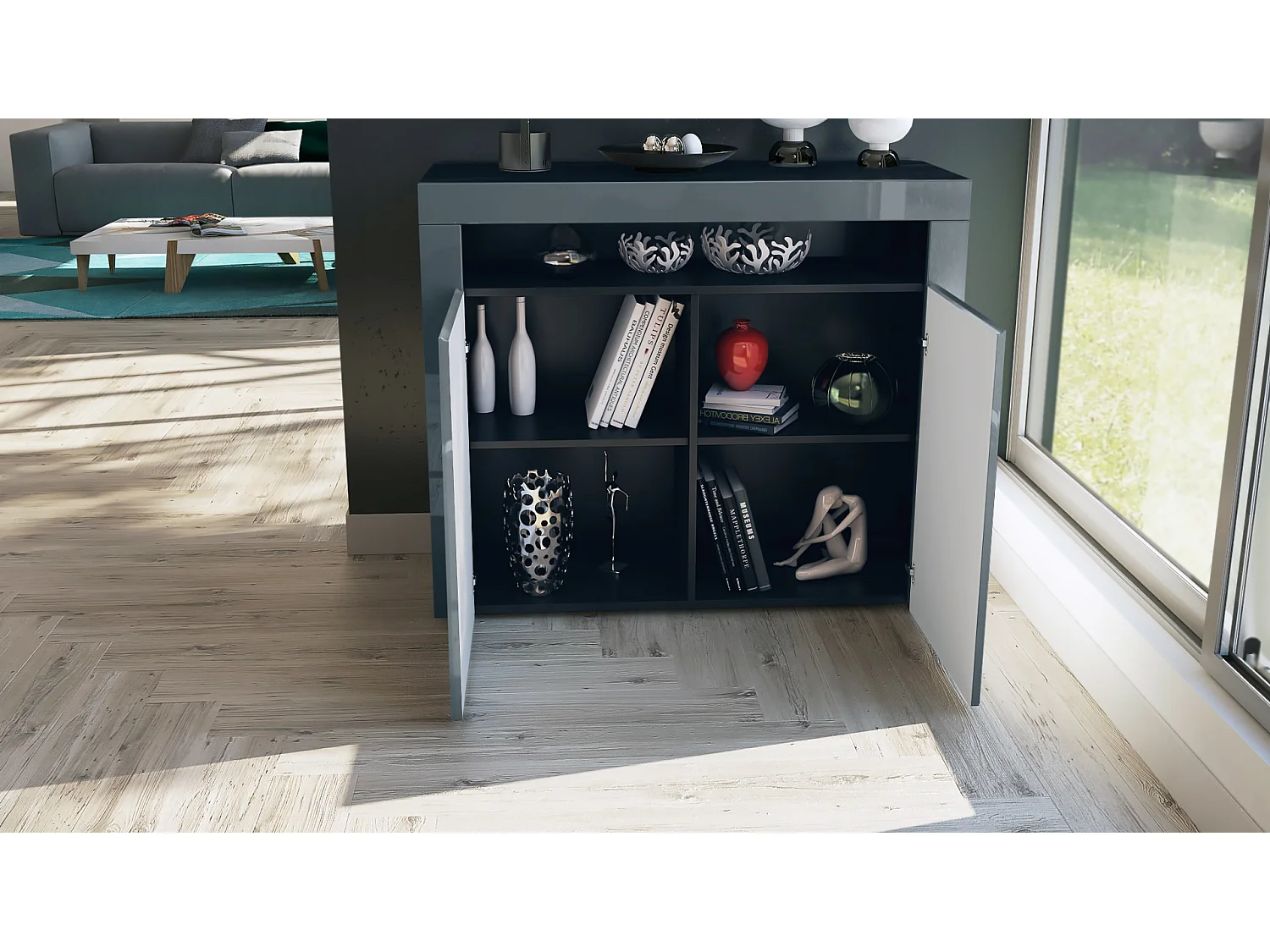 Buffet Valencia, Commode avec 2 portes et 1 compartiment ouvert, Noir mat/gris haute brillance/gris haute brillance (108 x 92 x 40 cm)