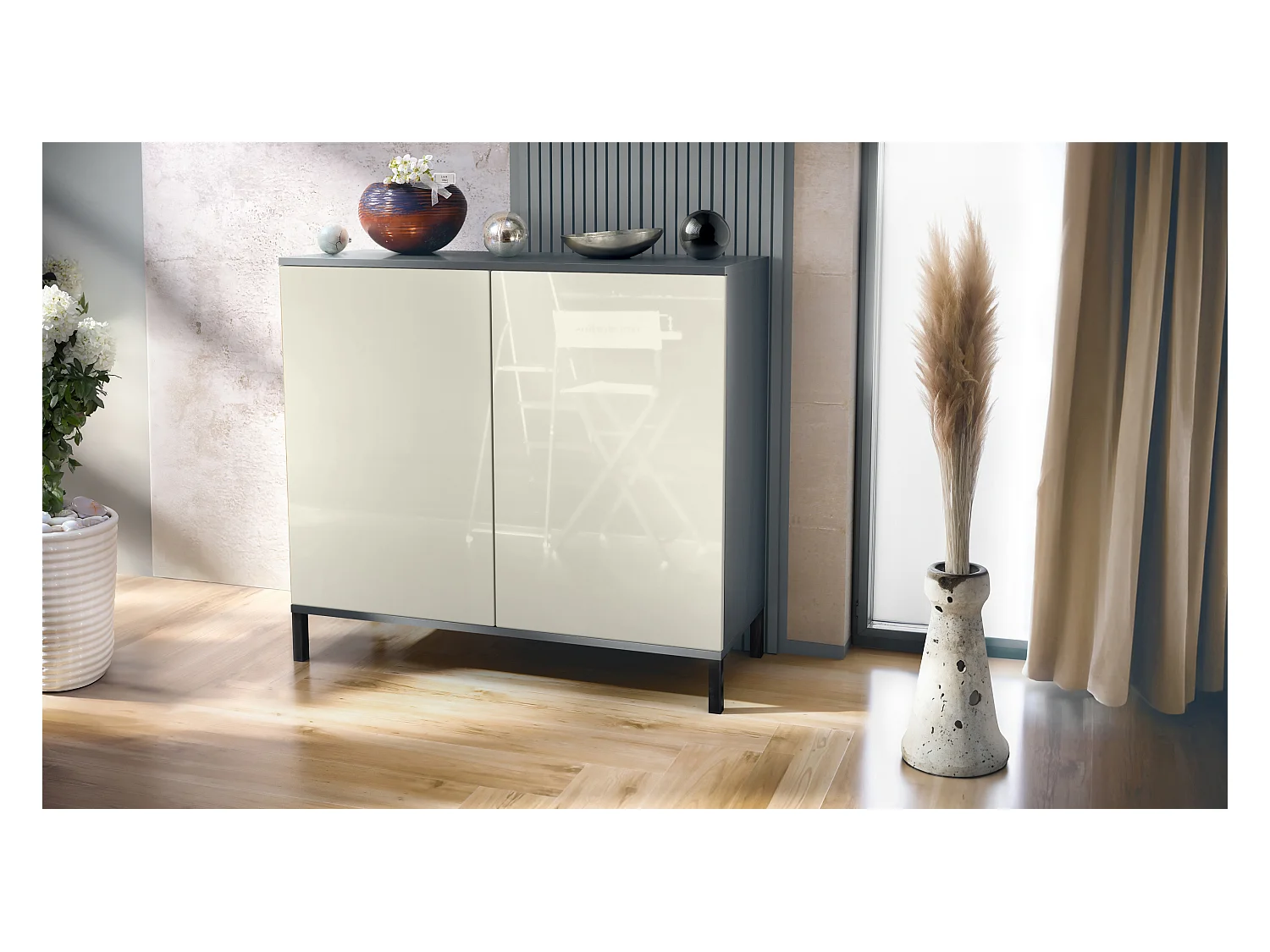 Commode Skadu V3, Buffet de Cuisine Moderne avec 2 Grandes Portes anthracite mat / crème haute brillance (92,5 x 83.5 x 35)