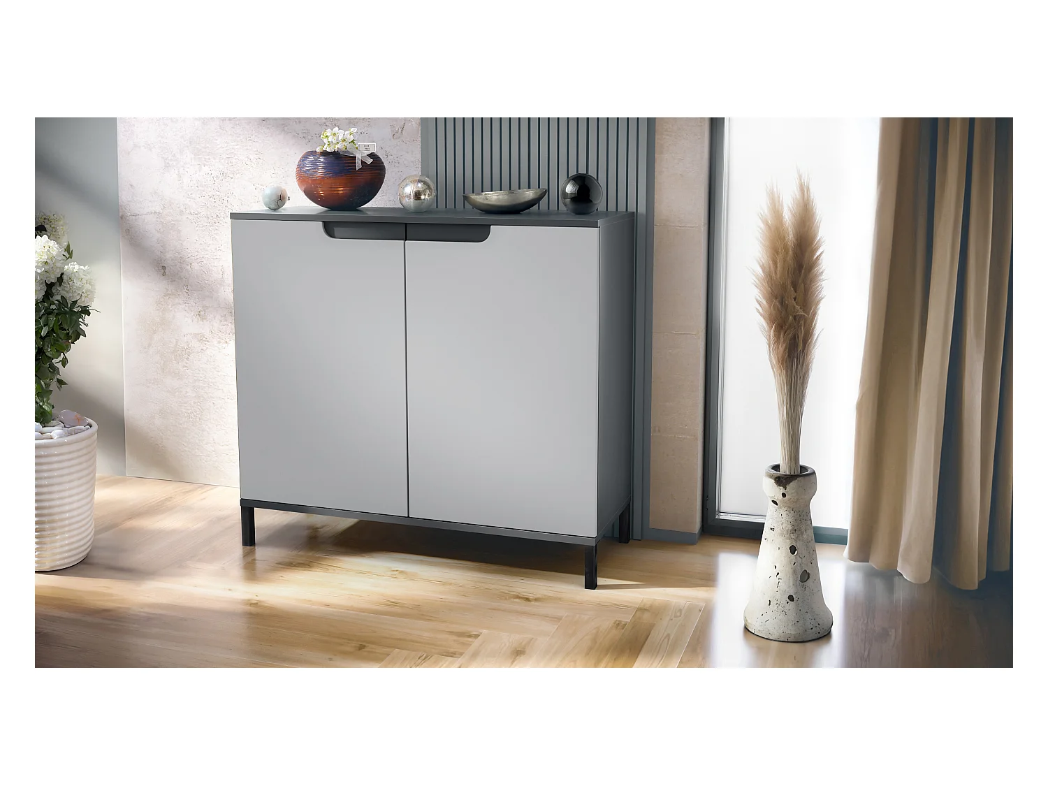 Commode Sylt V3, Buffet de Cuisine Moderne avec 2 Grandes Portes anthracite mat / gris clair satiné mat (92,5 x 83.5 x 35)