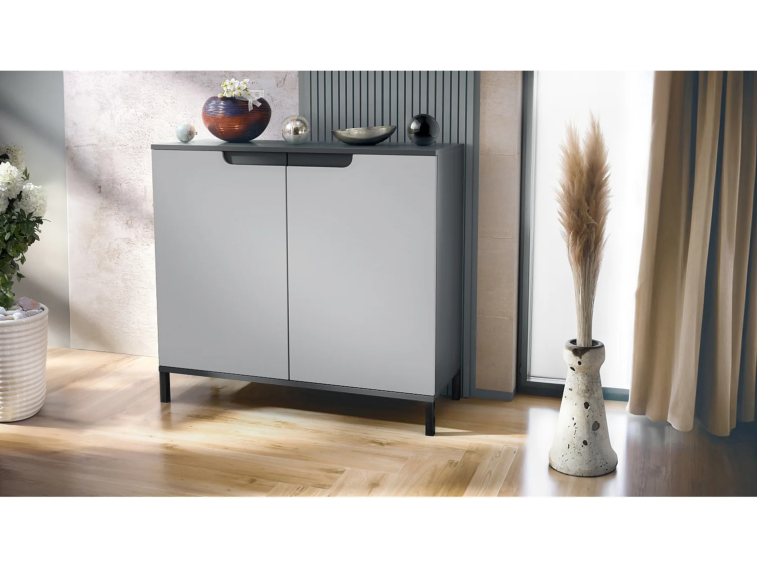Commode Sylt V3, Buffet de Cuisine Moderne avec 2 Grandes Portes anthracite mat / gris clair satiné mat (92,5 x 83.5 x 35)