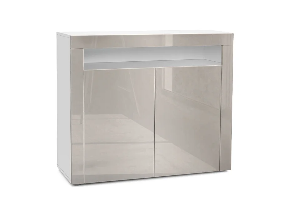 Buffet Valencia, Commode avec 2 portes et 1 compartiment ouvert, Blanc mat/gris sable haute brillance/gris sable haute brillance (108 x 92 x 40 cm)