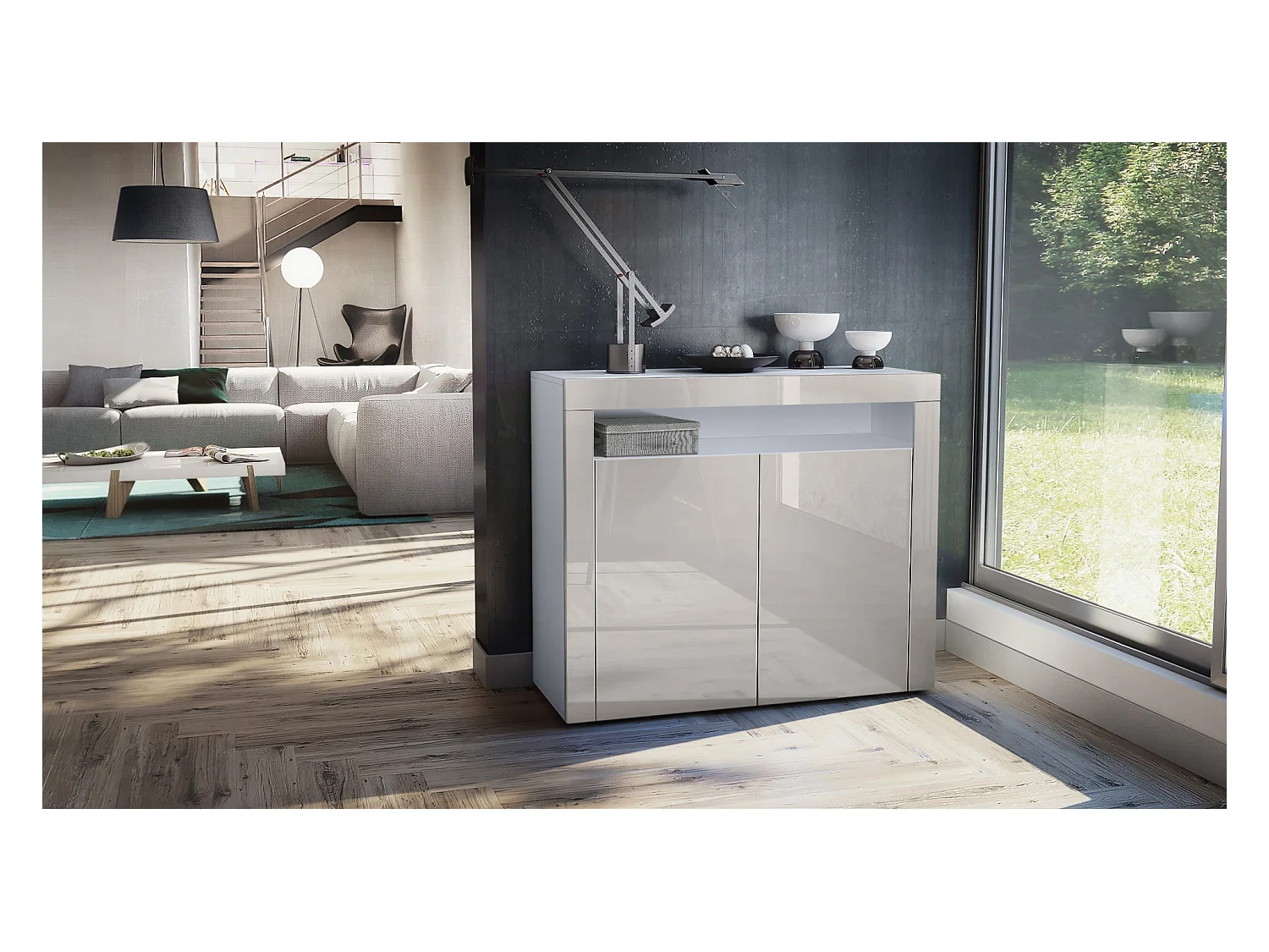 Buffet Valencia, Commode avec 2 portes et 1 compartiment ouvert, Blanc mat/gris sable haute brillance/gris sable haute brillance (108 x 92 x 40 cm)