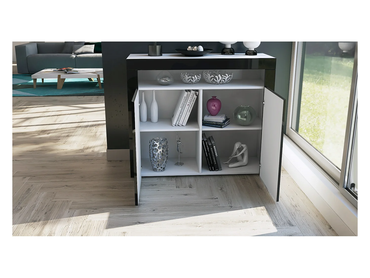 Buffet Valencia, Commode avec 2 portes et 1 compartiment ouvert, Blanc mat/gris sable haute brillance/gris sable haute brillance (108 x 92 x 40 cm)