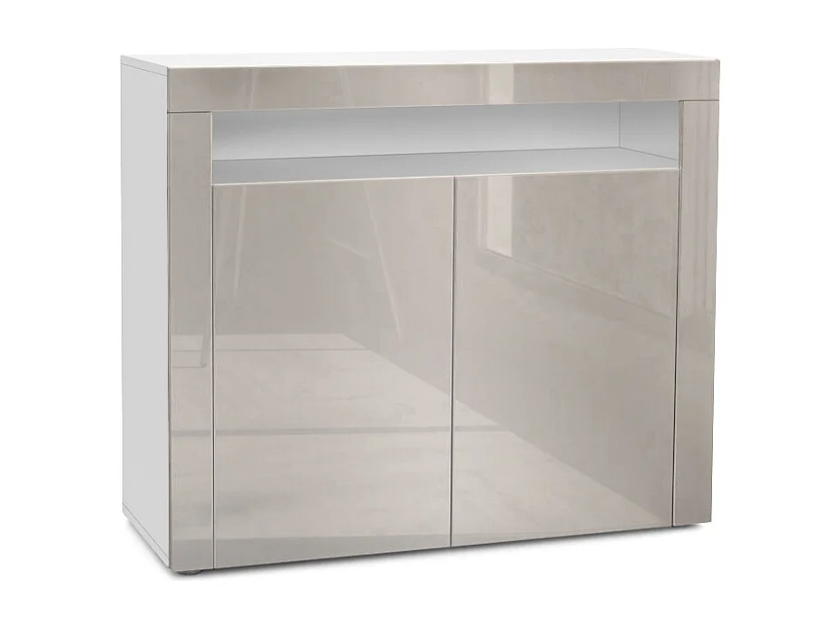 Buffet Valencia, Commode avec 2 portes et 1 compartiment ouvert, Blanc mat/gris sable haute brillance/gris sable haute brillance (108 x 92 x 40 cm)