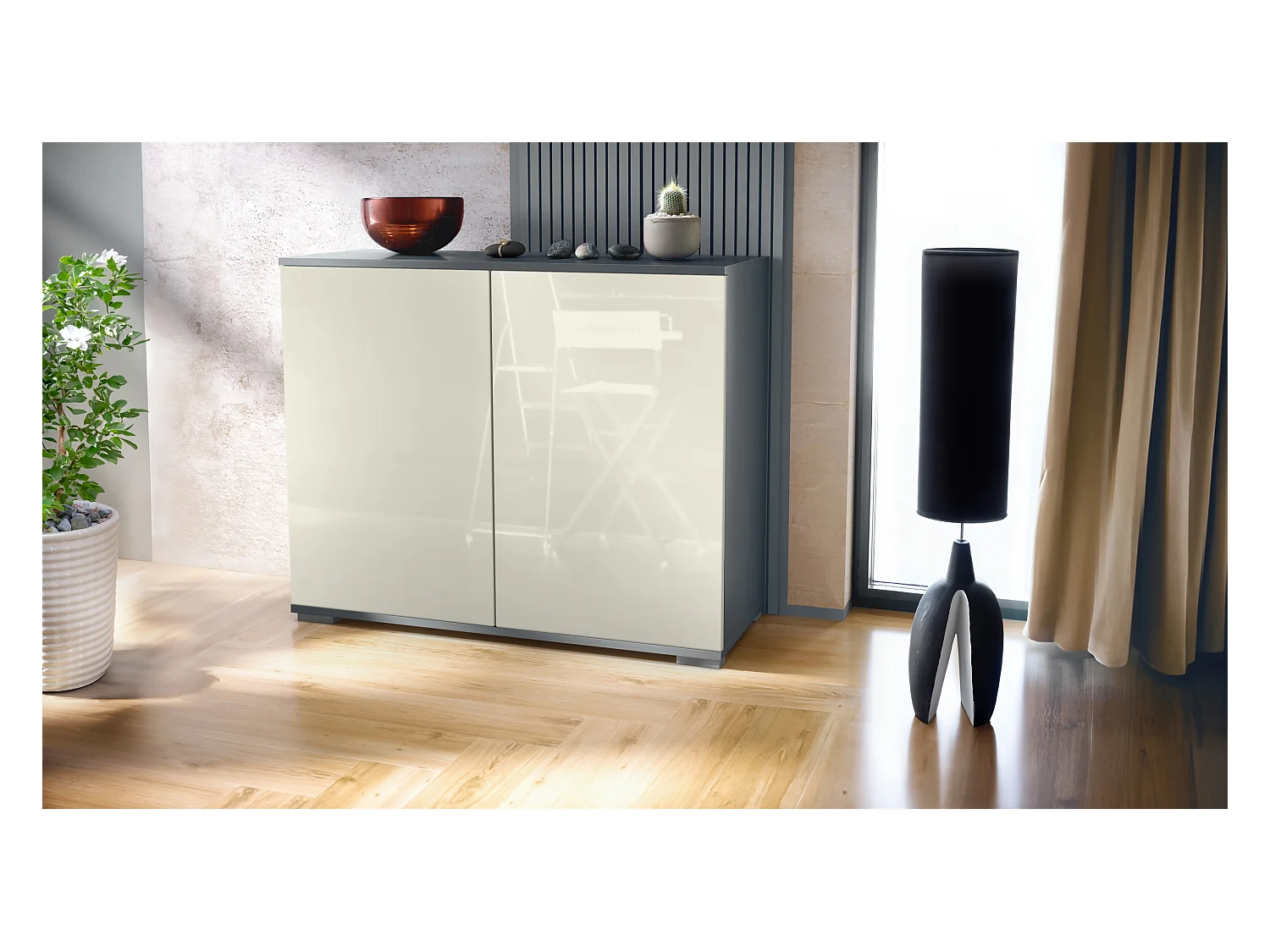 Commode Skadu V3, Buffet de Cuisine Moderne avec 2 Grandes Portes anthracite mat / crème haute brillance (92,5 x 75.5 x 35)