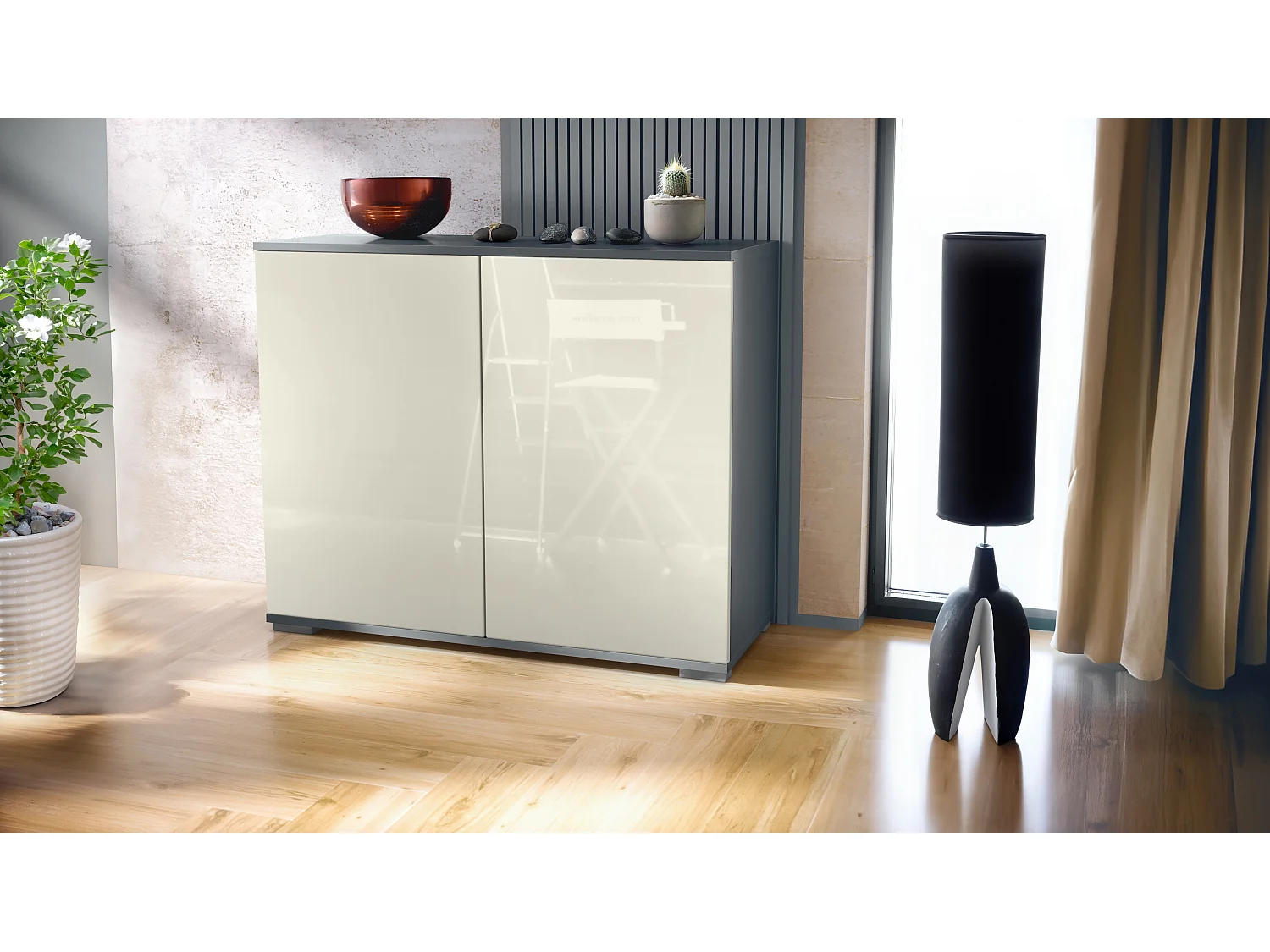 Aparador Skadu V3, Armario de Cocina Moderno con 2 Puertas Grandes antracita mate / crema de alto brillo (92,5 x 75.5 x 35)