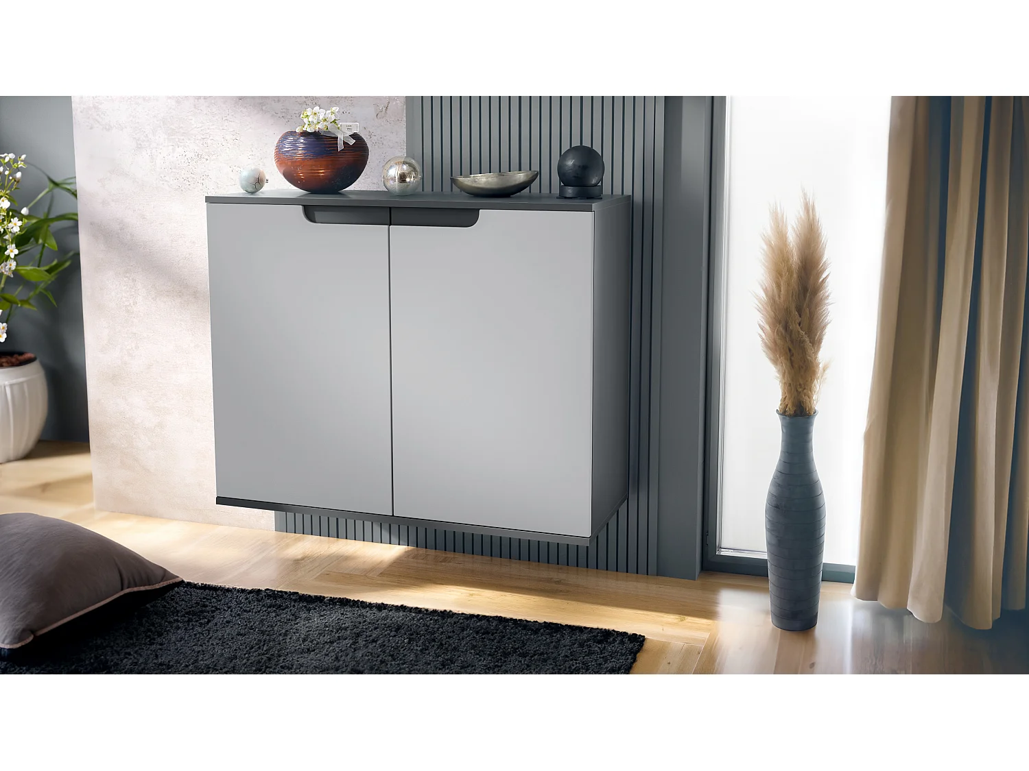 Aparador Sylt V3, Armario de Cocina Moderno con 2 Puertas Grandes antracita mate / gris claro satinado (92,5 x 73.5 x 35)