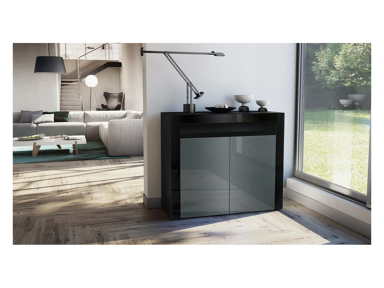 Buffet Valencia, Commode avec 2 portes et 1 compartiment ouvert, Noir mat/gris haute brillance/noir haute brillance (108 x 92 x 40 cm)