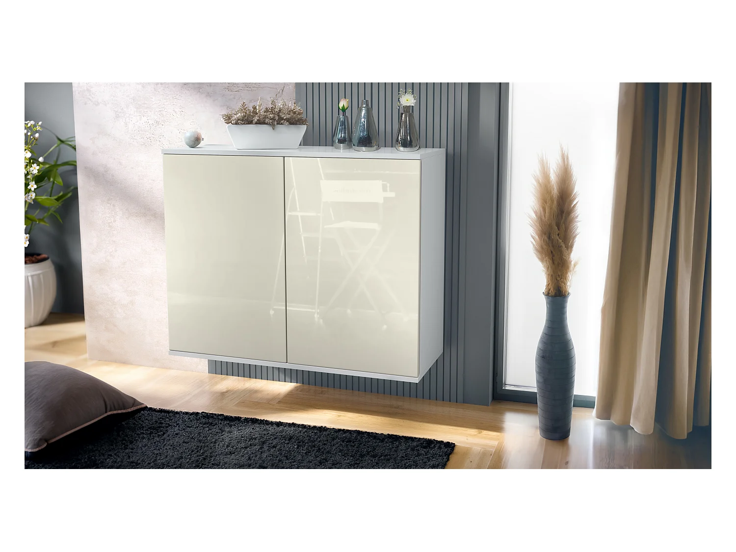 Aparador Skadu V3, Armario de Cocina Moderno con 2 Puertas Grandes blanco mate / crema de alto brillo (92,5 x 73.5 x 35)