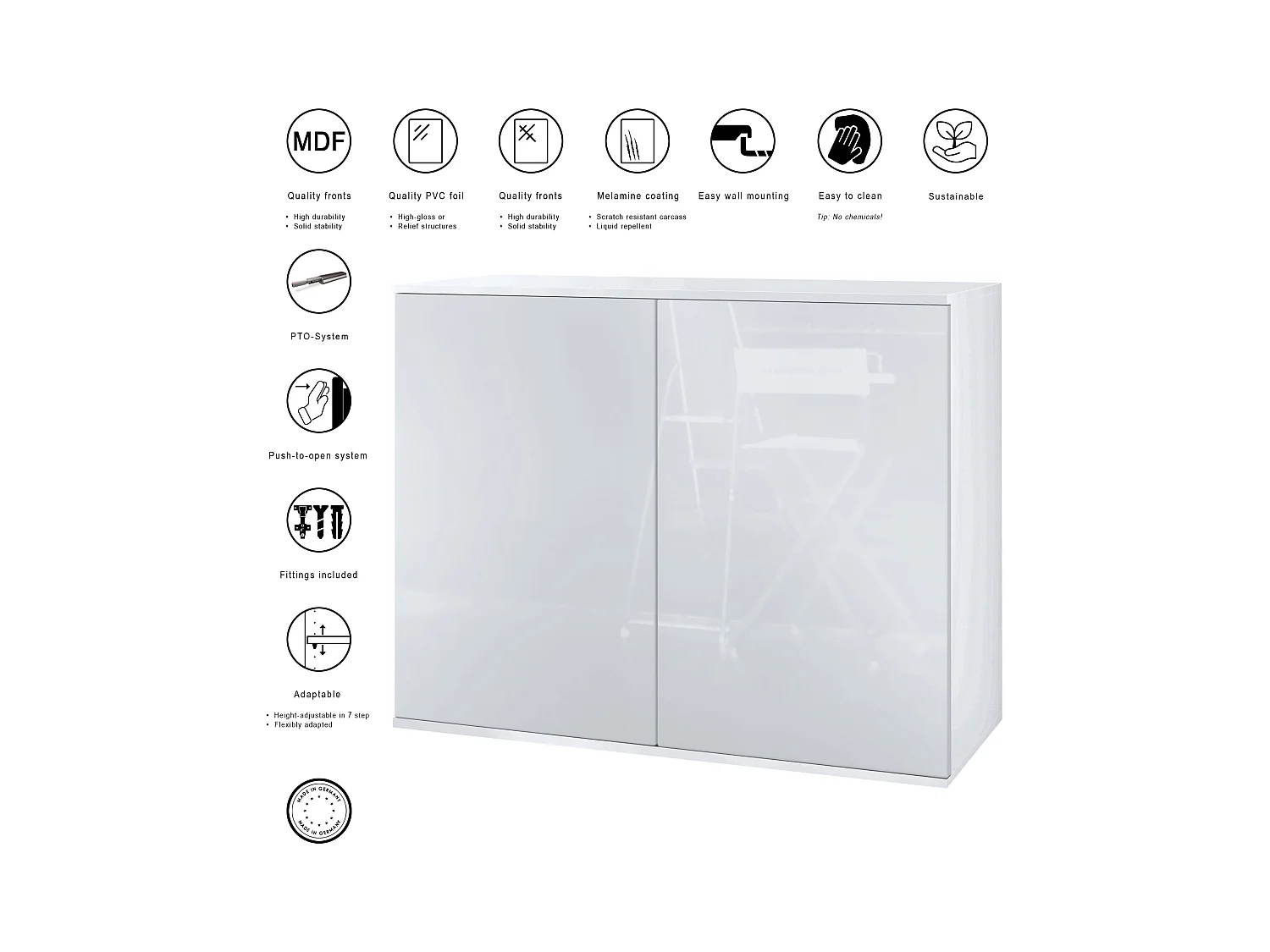 Aparador Skadu V3, Armario de Cocina Moderno con 2 Puertas Grandes blanco mate / crema de alto brillo (92,5 x 73.5 x 35)