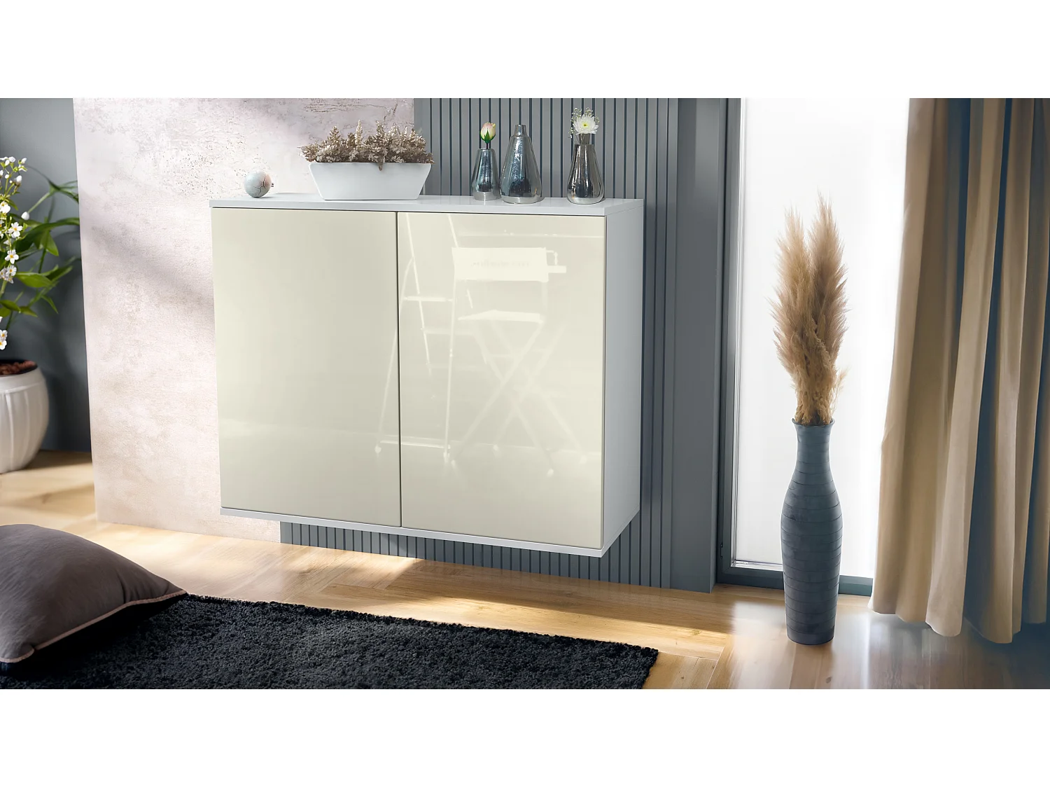 Credenza Skadu V3, Mobile da Cucina Moderno con 2 Grandi Ante bianco opaco / beige lucido (92,5 x 73.5 x 35)