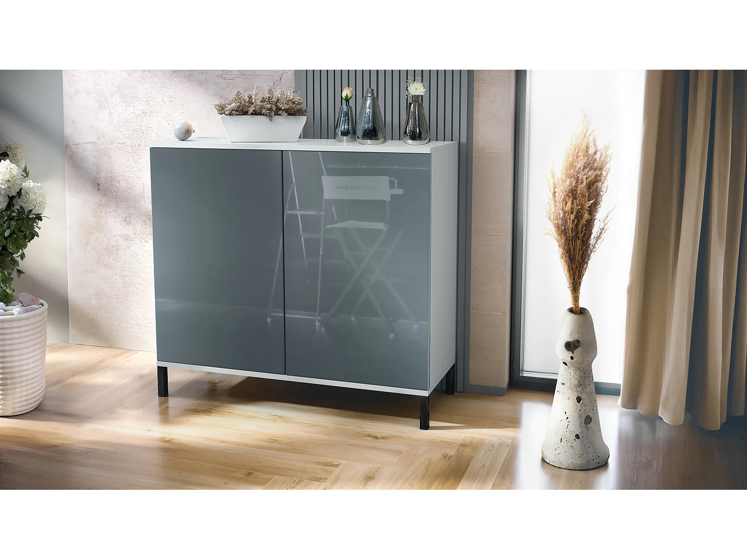 Commode Skadu V3, Buffet de Cuisine Moderne avec 2 Grandes Portes blanc mat / gris haute brillance (92,5 x 83.5 x 35)