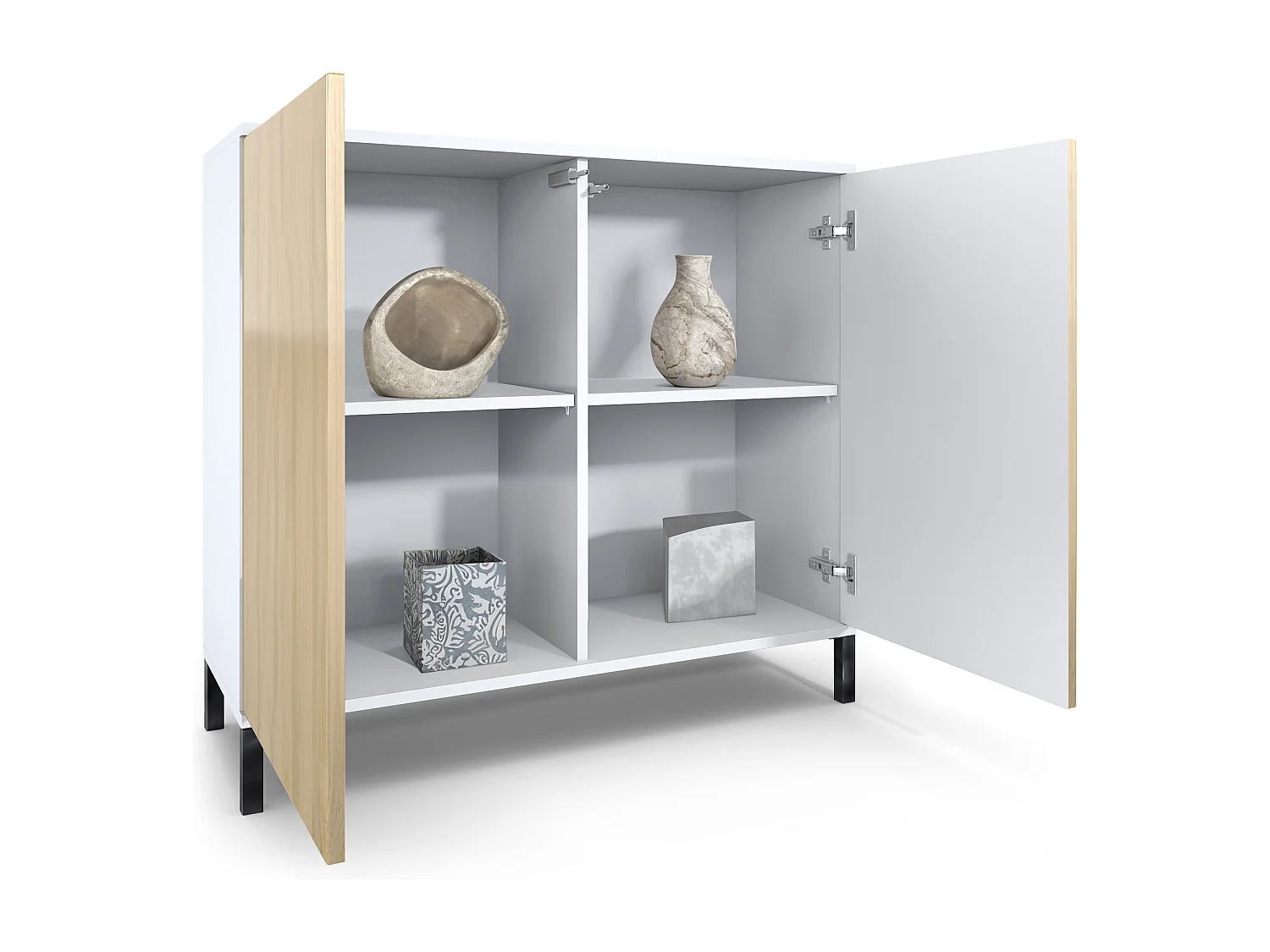 Commode Skadu V3, Buffet de Cuisine Moderne avec 2 Grandes Portes blanc mat / gris haute brillance (92,5 x 83.5 x 35)