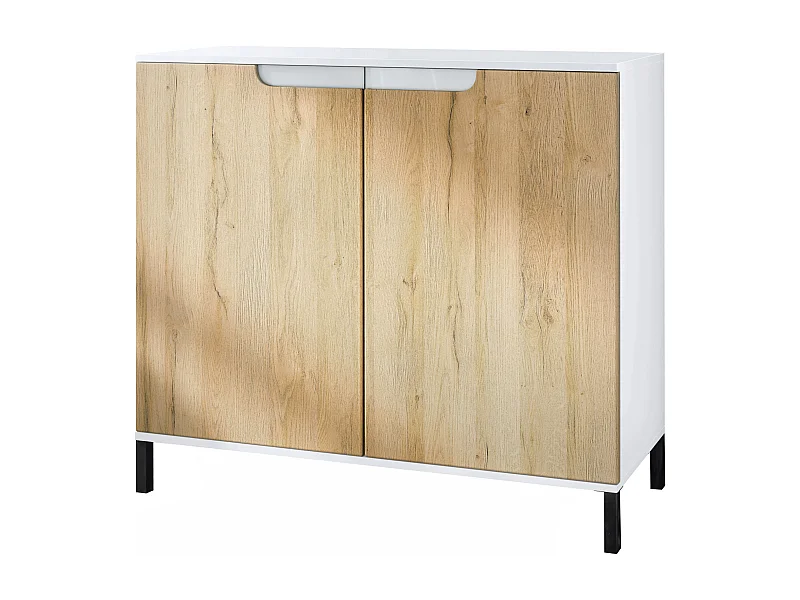 Aparador Sylt V3, Armario de Cocina Moderno con 2 Puertas Grandes blanco mate / roble natural (92,5 x 83.5 x 35)