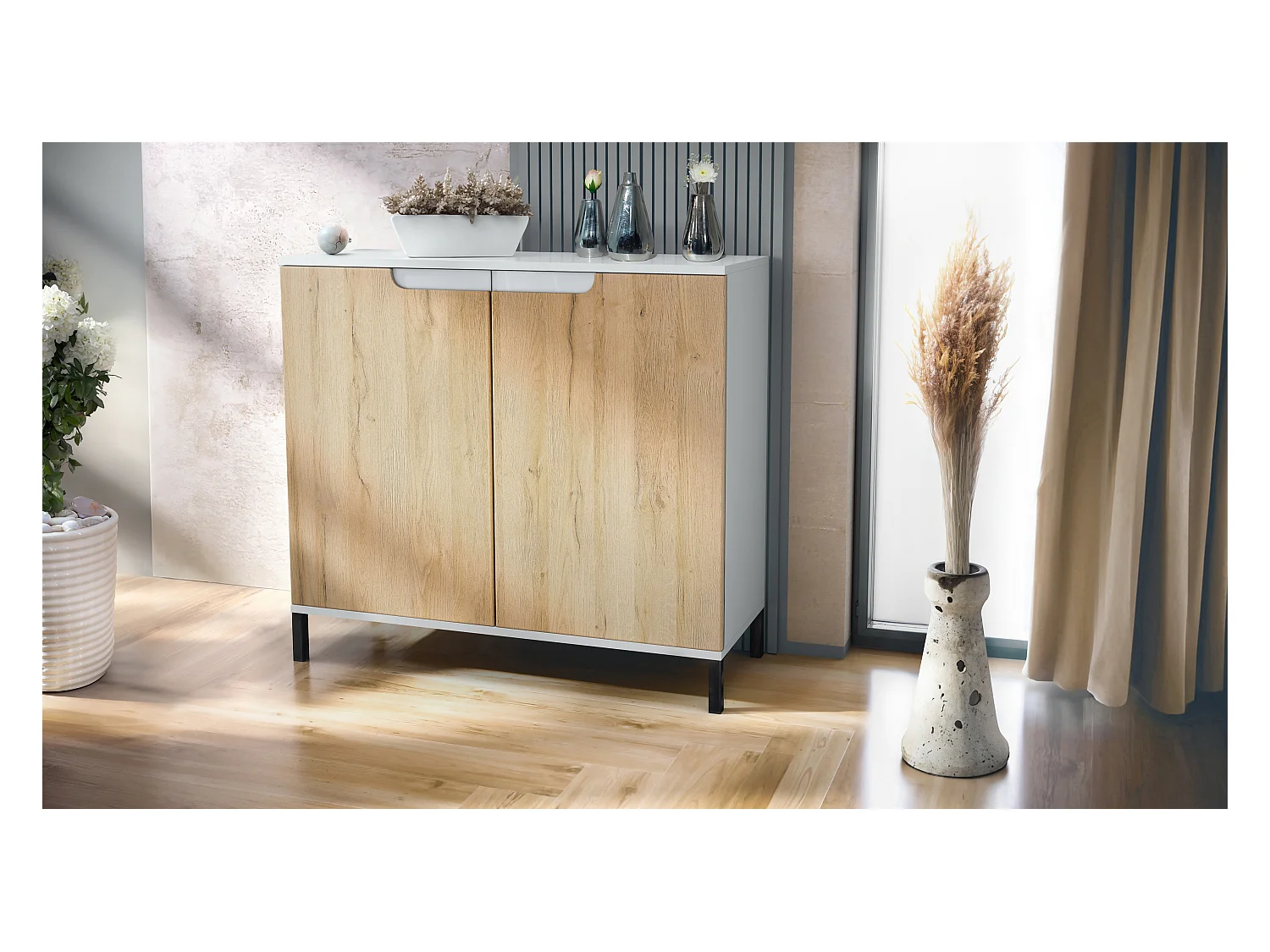 Commode Sylt V3, Buffet de Cuisine Moderne avec 2 Grandes Portes blanc mat / chêne nature (92,5 x 83.5 x 35)
