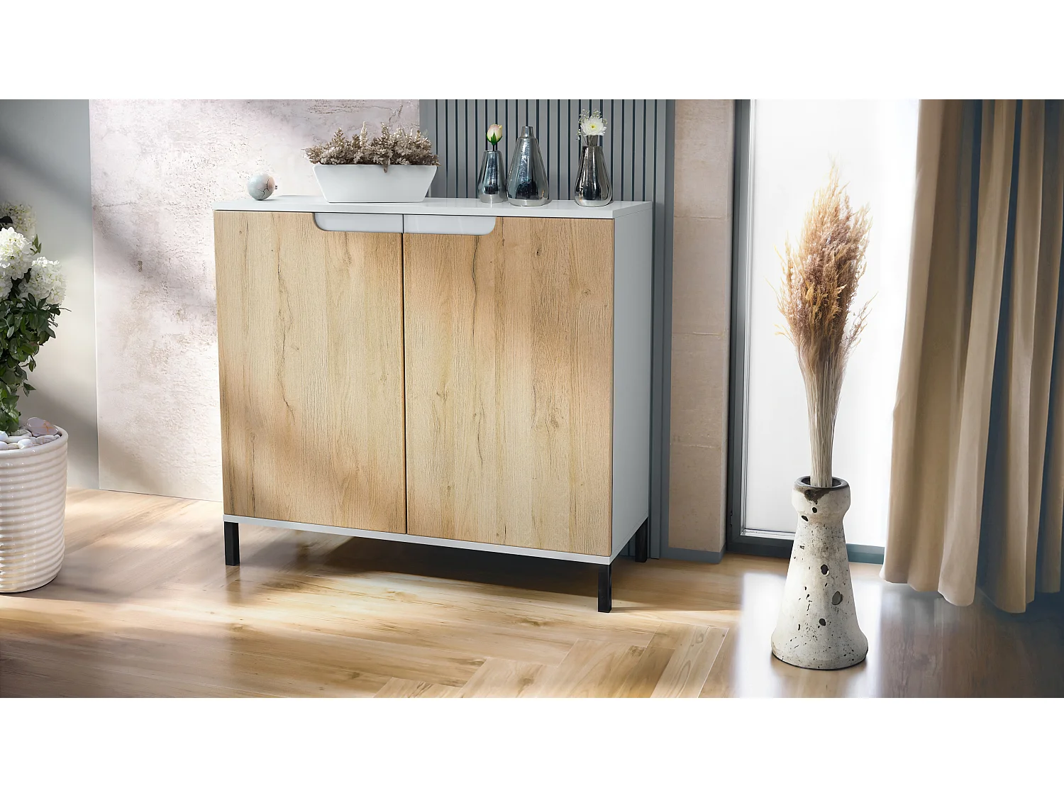 Credenza Sylt V3, Mobile da Cucina Moderno con 2 Grandi Ante bianco opaco / rovere naturale (92,5 x 83.5 x 35)