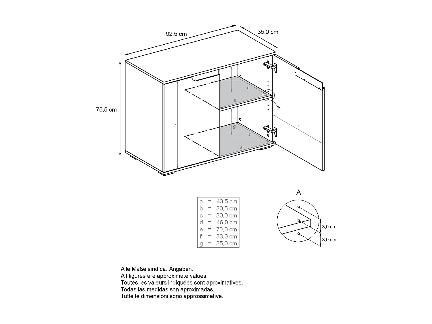 Credenza Sylt V3, Mobile da Cucina Moderno con 2 Grandi Ante bianco opaco / rovere naturale (92,5 x 83.5 x 35)